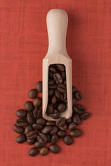 Image showing Wooden scoop with coffee beans