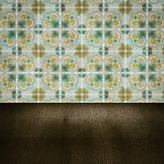 Image showing Wood table top and blur vintage ceramic tile pattern wall