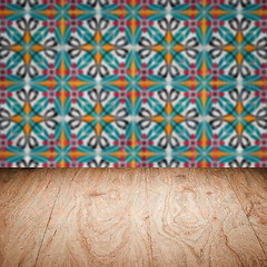 Image showing Wood table top and blur vintage ceramic tile pattern wall