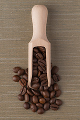 Image showing Wooden scoop with coffee beans