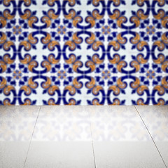 Image showing Wood table top and blur vintage ceramic tile pattern wall