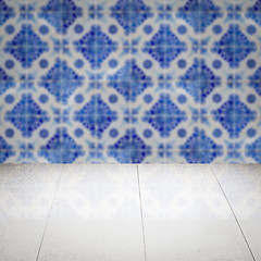 Image showing Wood table top and blur vintage ceramic tile pattern wall