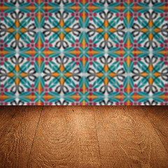 Image showing Wood table top and blur vintage ceramic tile pattern wall