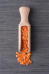 Image showing Wooden scoop with  peeled lentils