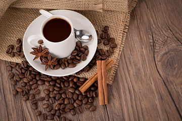 Image showing Coffee cup with burlap sack