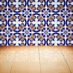 Image showing Wood table top and blur vintage ceramic tile pattern wall