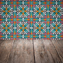 Image showing Wood table top and blur vintage ceramic tile pattern wall