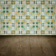 Image showing Wood table top and blur vintage ceramic tile pattern wall