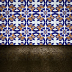 Image showing Wood table top and blur vintage ceramic tile pattern wall