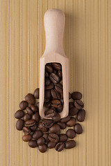 Image showing Wooden scoop with coffee beans