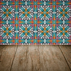 Image showing Wood table top and blur vintage ceramic tile pattern wall