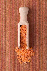 Image showing Wooden scoop with  peeled lentils