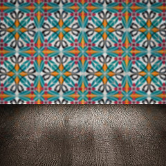 Image showing Wood table top and blur vintage ceramic tile pattern wall