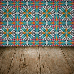 Image showing Wood table top and blur vintage ceramic tile pattern wall