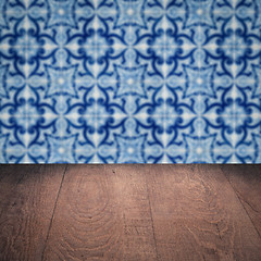 Image showing Wood table top and blur vintage ceramic tile pattern wall