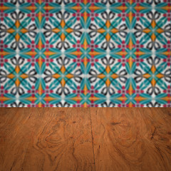 Image showing Wood table top and blur vintage ceramic tile pattern wall