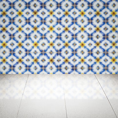 Image showing Wood table top and blur vintage ceramic tile pattern wall