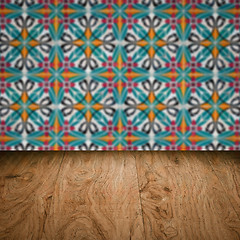 Image showing Wood table top and blur vintage ceramic tile pattern wall