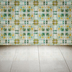 Image showing Wood table top and blur vintage ceramic tile pattern wall