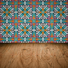 Image showing Wood table top and blur vintage ceramic tile pattern wall