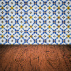 Image showing Wood table top and blur vintage ceramic tile pattern wall