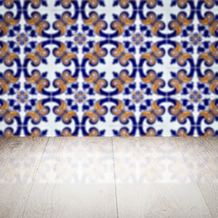 Image showing Wood table top and blur vintage ceramic tile pattern wall