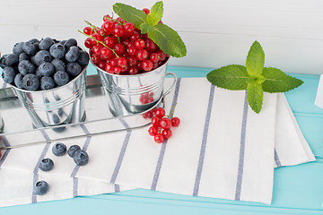 Image showing Plums, red currants and blueberries in small metal bucket