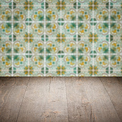 Image showing Wood table top and blur vintage ceramic tile pattern wall