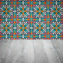 Image showing Wood table top and blur vintage ceramic tile pattern wall