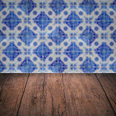 Image showing Wood table top and blur vintage ceramic tile pattern wall