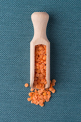 Image showing Wooden scoop with  peeled lentils