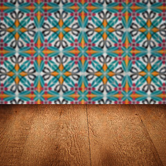 Image showing Wood table top and blur vintage ceramic tile pattern wall