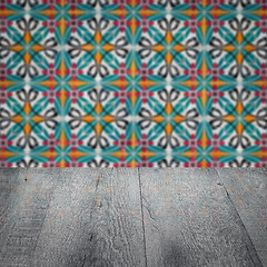 Image showing Wood table top and blur vintage ceramic tile pattern wall