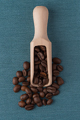 Image showing Wooden scoop with coffee beans