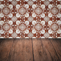 Image showing Wood table top and blur vintage ceramic tile pattern wall