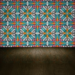 Image showing Wood table top and blur vintage ceramic tile pattern wall