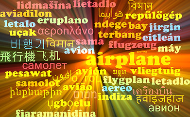 Image showing Airplane multilanguage wordcloud background concept glowing