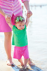 Image showing mom and baby on beach  have fun