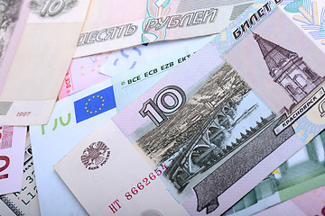 Image showing Dollars, euros, russian roubles - Money of the world
