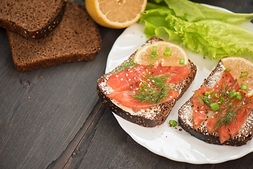 Image showing Sandwich with salmon for breakfast