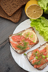 Image showing Sandwich with salmon for breakfast