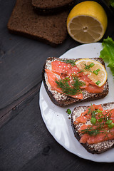 Image showing Sandwich with salmon for breakfast