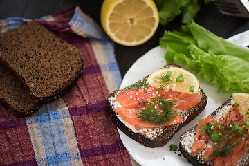 Image showing Sandwich with salmon for breakfast