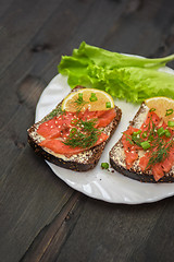 Image showing Sandwich with salmon for breakfast