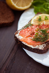 Image showing Sandwich with salmon for breakfast