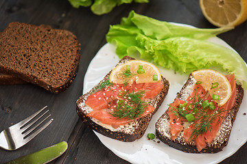 Image showing Sandwich with salmon for breakfast