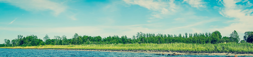 Image showing Beach landscape with blue water and green trees