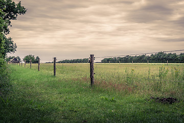 Image showing Wooden fence on a green field