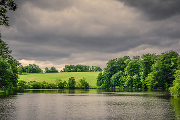 Image showing Lake scenery in dark cloudy weather