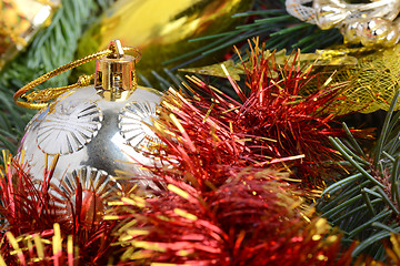 Image showing Christmas tree branch with decoration ball, new year holiday card